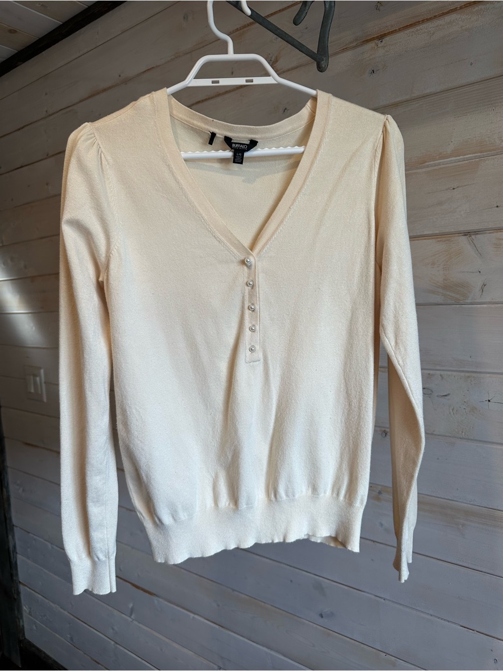 Buffalo David Button | Cream V-Neck Sweater w Faux Pearl Button Details